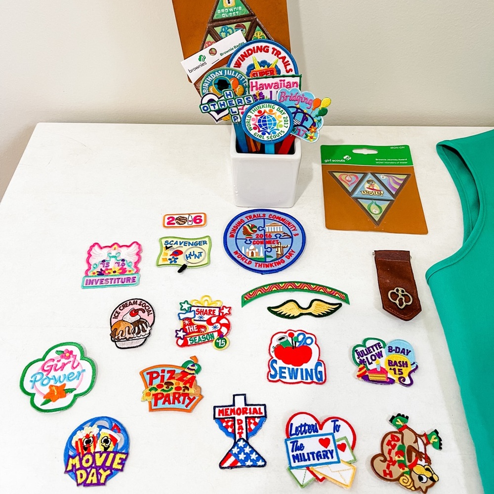 Bundle of 25 Girl Scout Patches Merit Badges, 1 Vest and More!